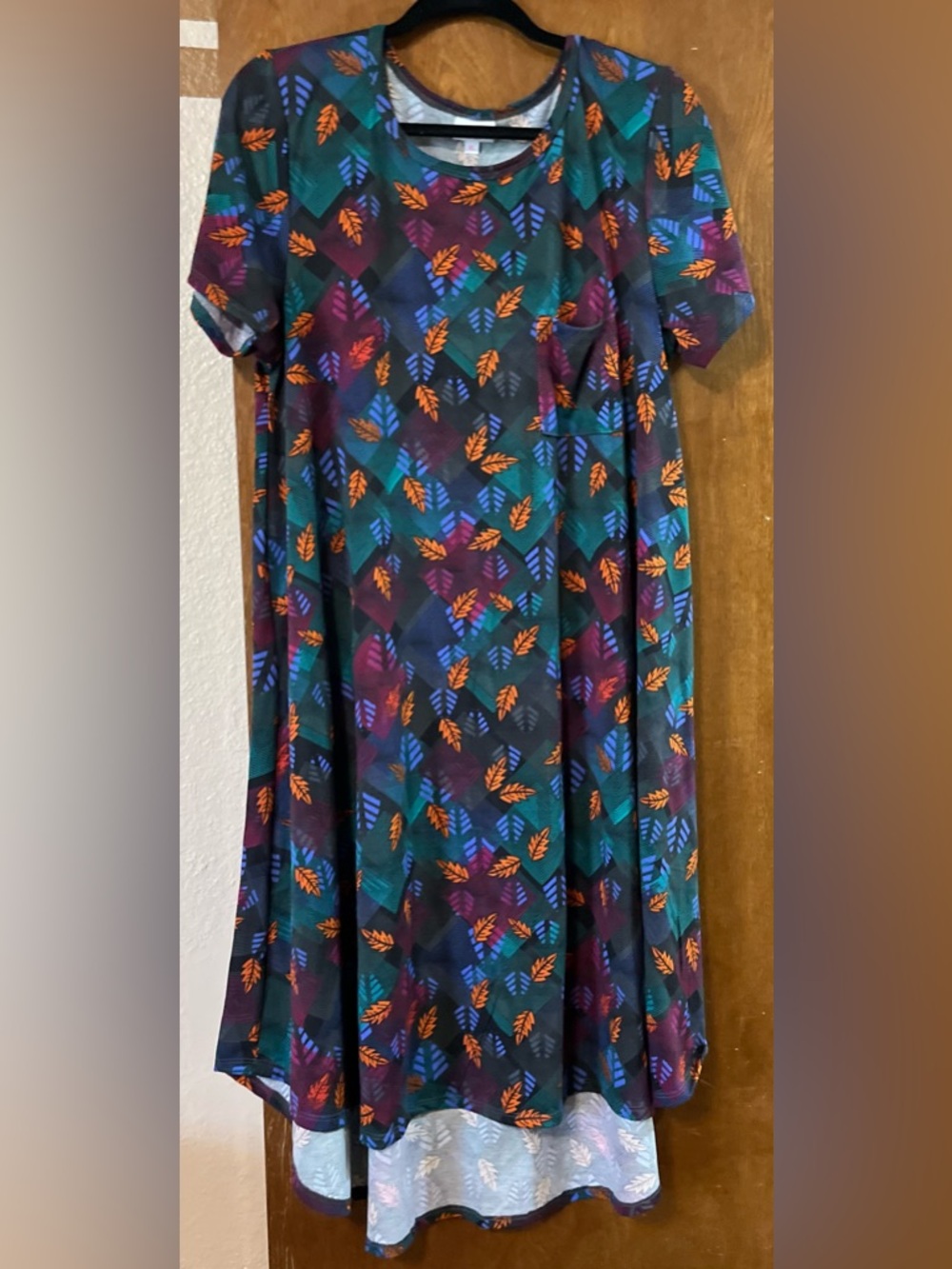 LuLaRoe Carly Green Burgundy Feather Print Dress